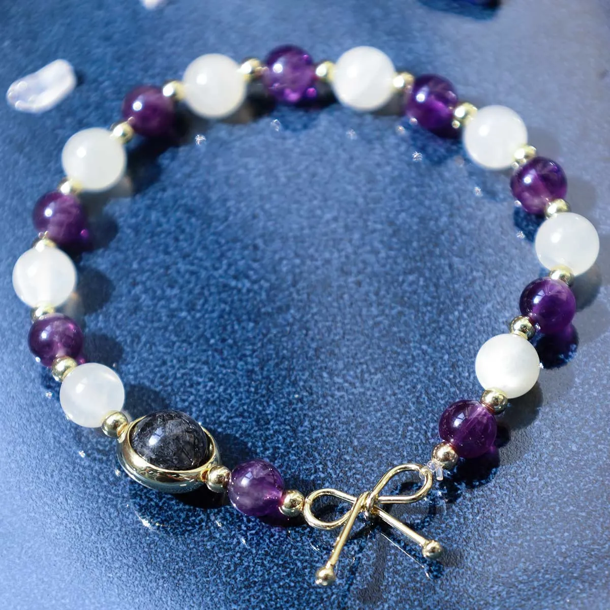 Spiritual Bead Bracelet with Amethyst, Cat's Eye, and Black Rutilated Quartz - Image 5