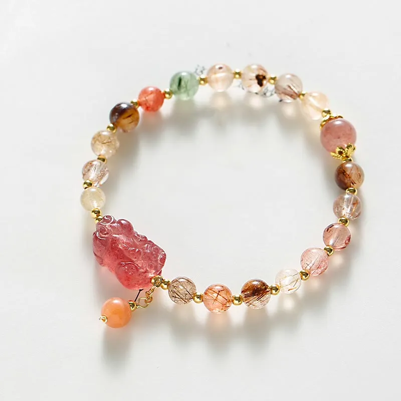 Natural Rutilated Quartz and Strawberry Quartz Wealth Bracelet with Pi Xiu - Image 4