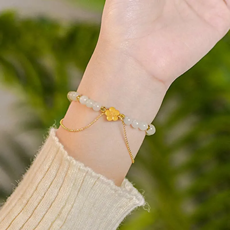 Luck Muse 925 Sterling Silver Hetian Jade Peach Blossom Luck Chain Bracelet - Image 4