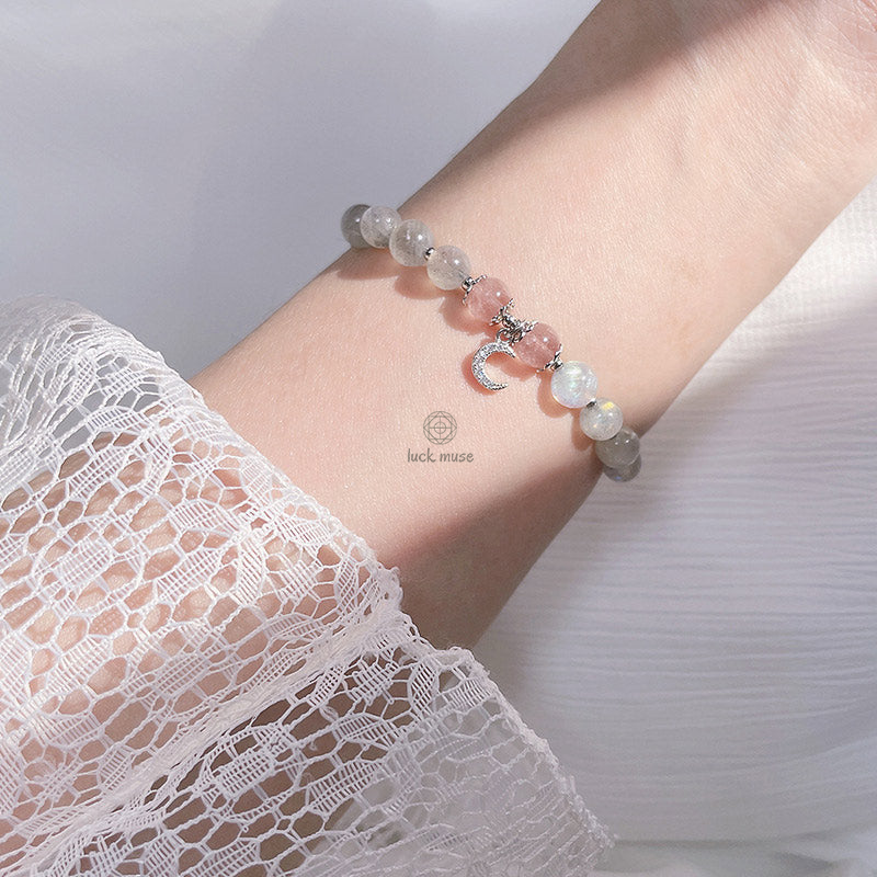 Strawberry Quartz Moonstone Lucky Moon Charm Bracelet by Luck Muse Shop - Image 6