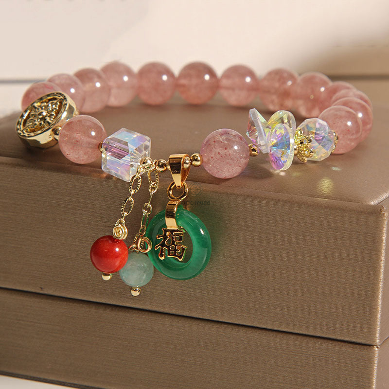 Luck Muse Strawberry Quartz and Jade Fu Character Charm Bracelet for Healing - Image 2