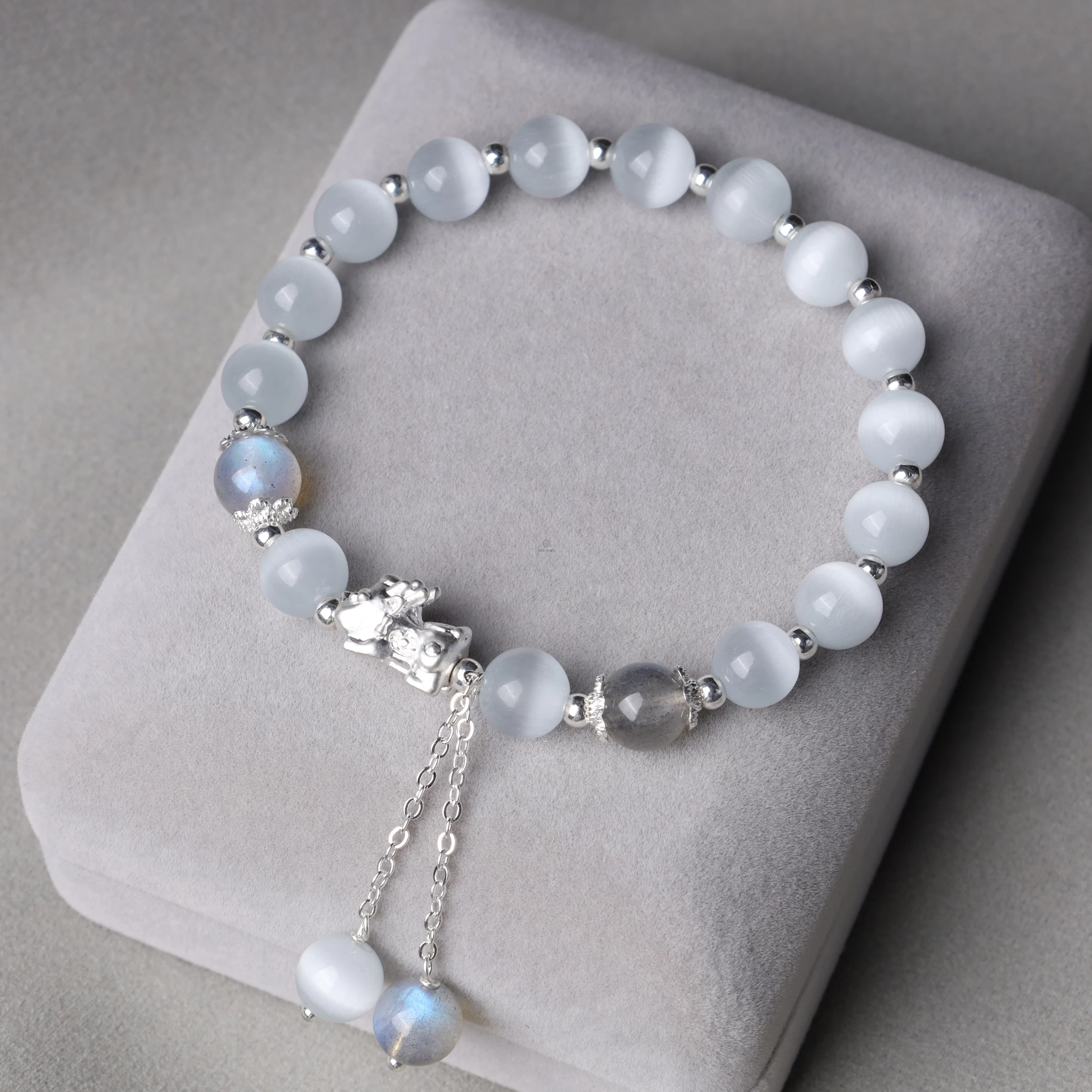 Luck Muse Cat's Eye Moonstone Strawberry Quartz PiXiu Bracelet - Image 3