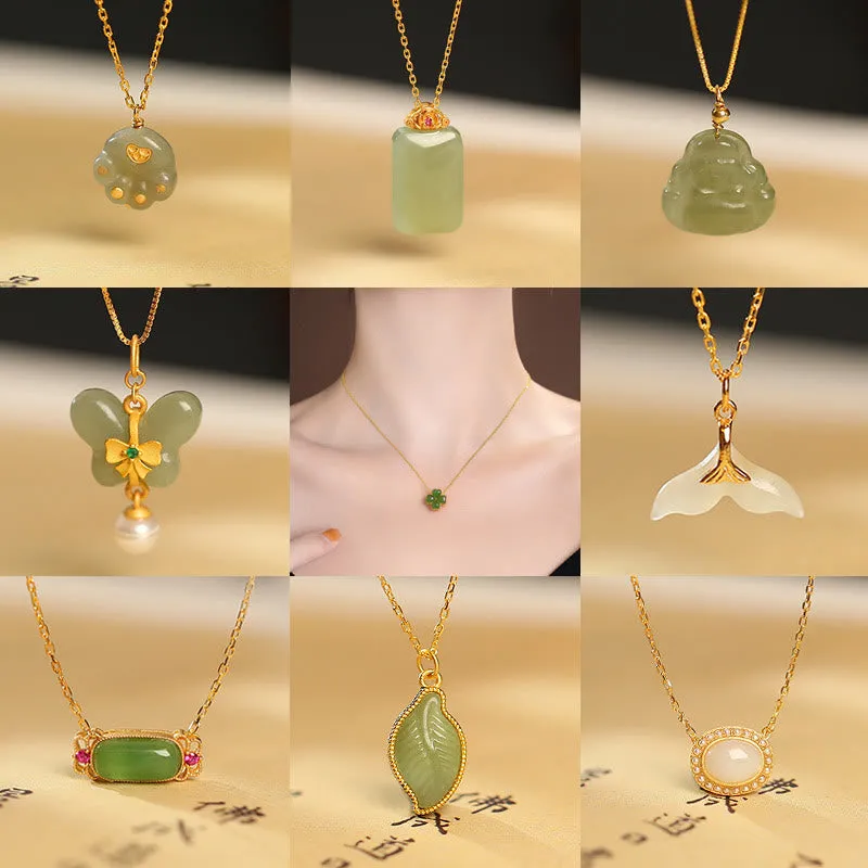 Luck Muse 925 Sterling Silver Hetian and Cyan Jade Luck Laughing Buddha Butterfly Necklace Pendant
