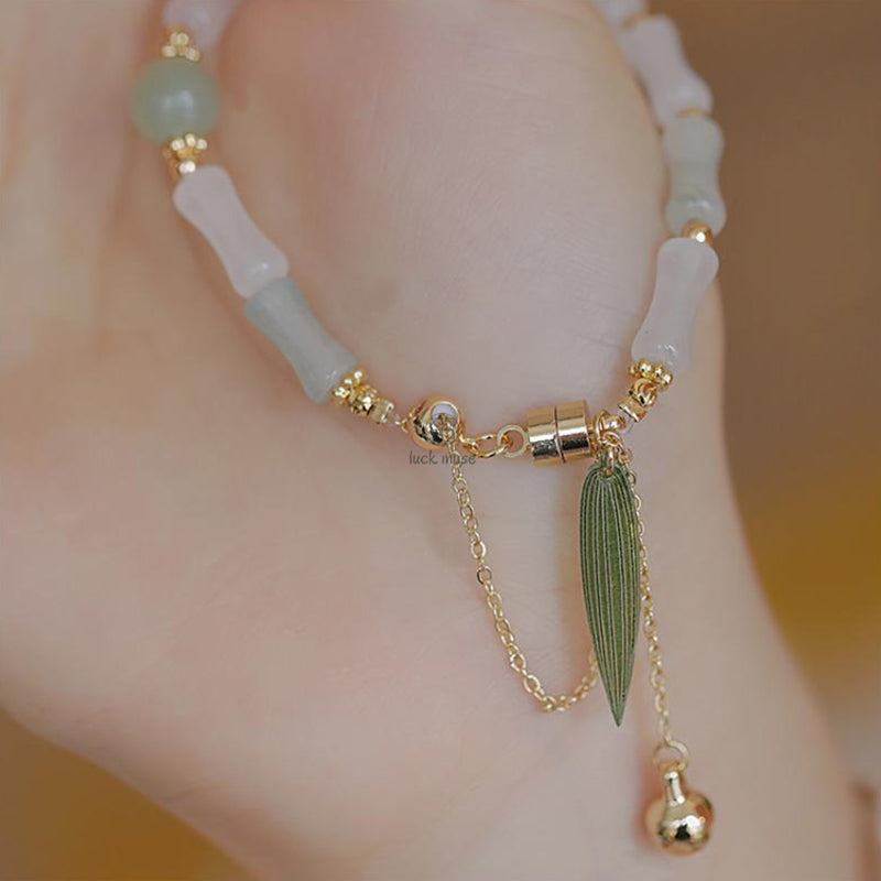 Luck Muse 14K Gold Plated Hetian White Jade Bamboo Leaf Lucky Protection Bracelet - Image 8
