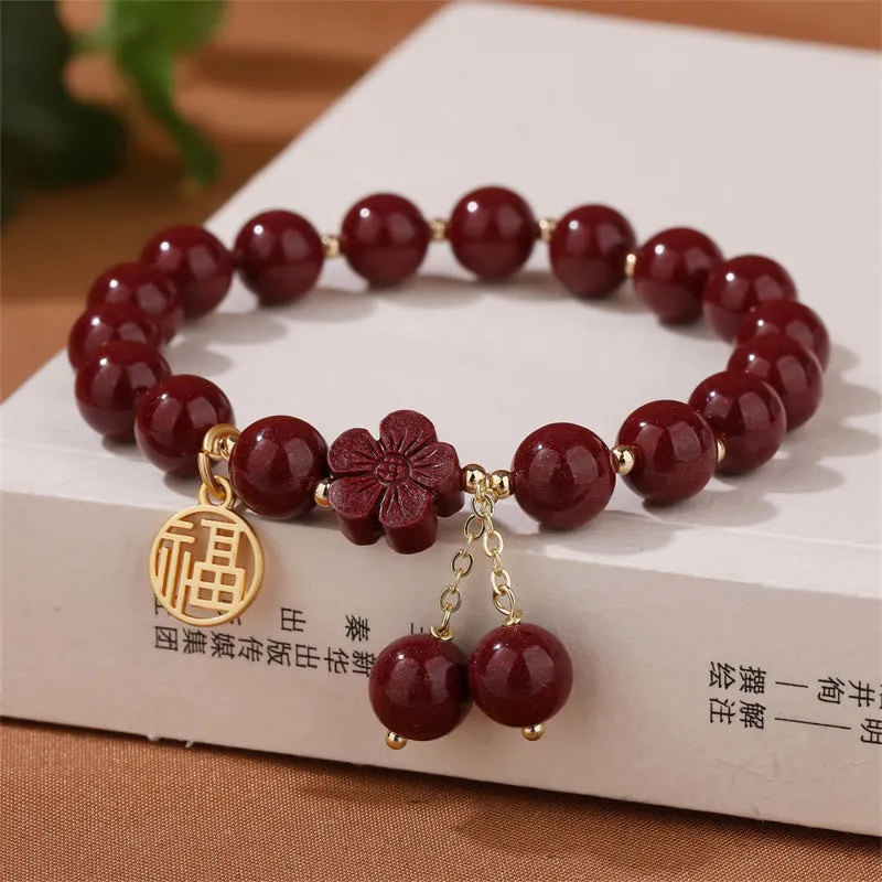 Cinnabar Fu Character Cherry Blossom Blessing Bracelet from Luck Muse Shop