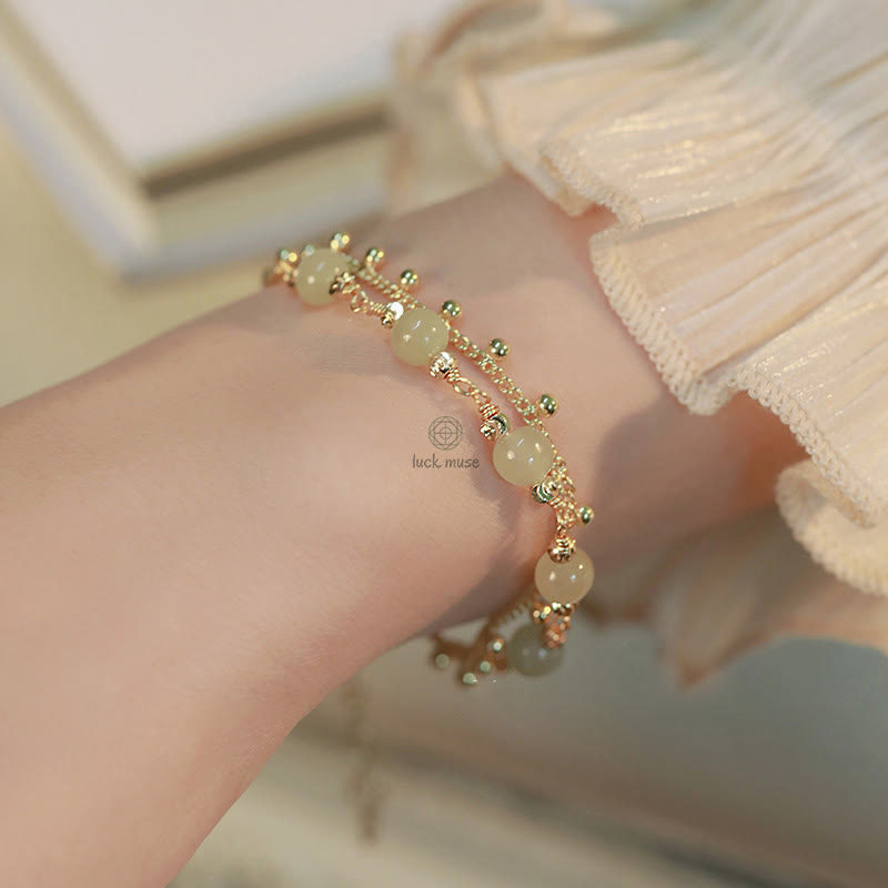 Luck Muse Shop 14K Gold-Plated Double Layer Hetian Jade Bead Bracelet for Luck and Prosperity - Image 7