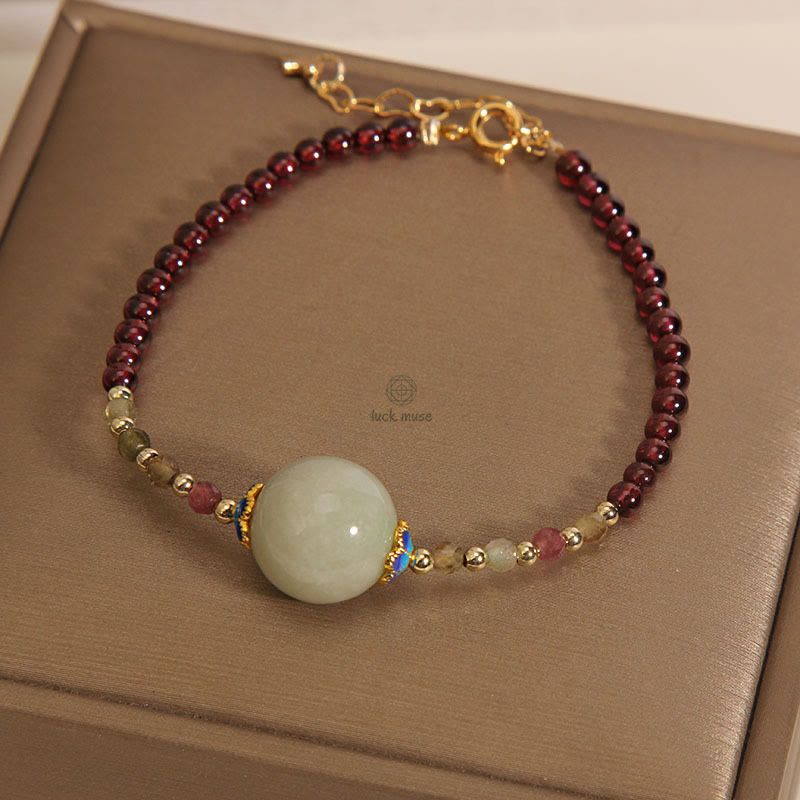 Garnet and Jade Beaded Luck Muse Peace Bracelet with Protection Buckle