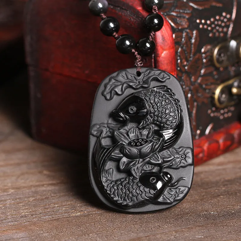 Natural Black Obsidian Koi Fish Lotus Strength Beaded Necklace - Image 3