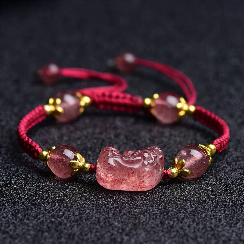 Natural Strawberry Crystal Pixiu Lucky Red String Bracelet - Image 2