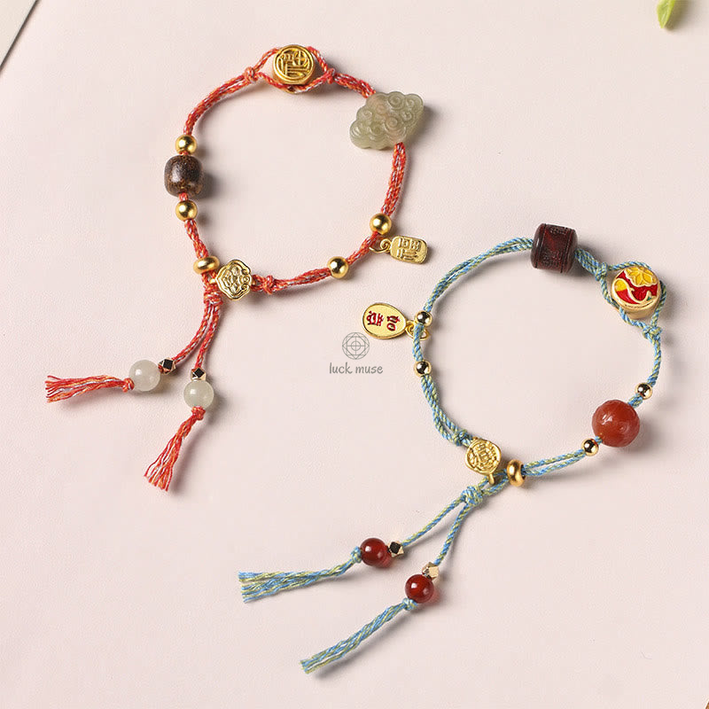 Handmade Hetian Jade Auspicious Clouds Lucky Fu Character Bracelet - Image 2