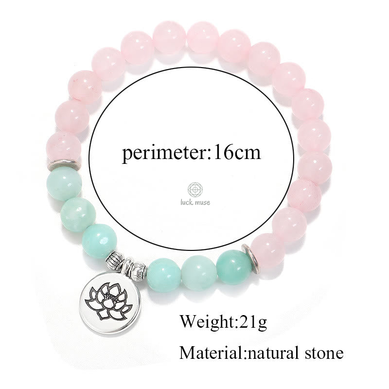 Natural Pink Crystal Amazonite Buddha Bracelet with Lotus and OM Symbol - Image 6
