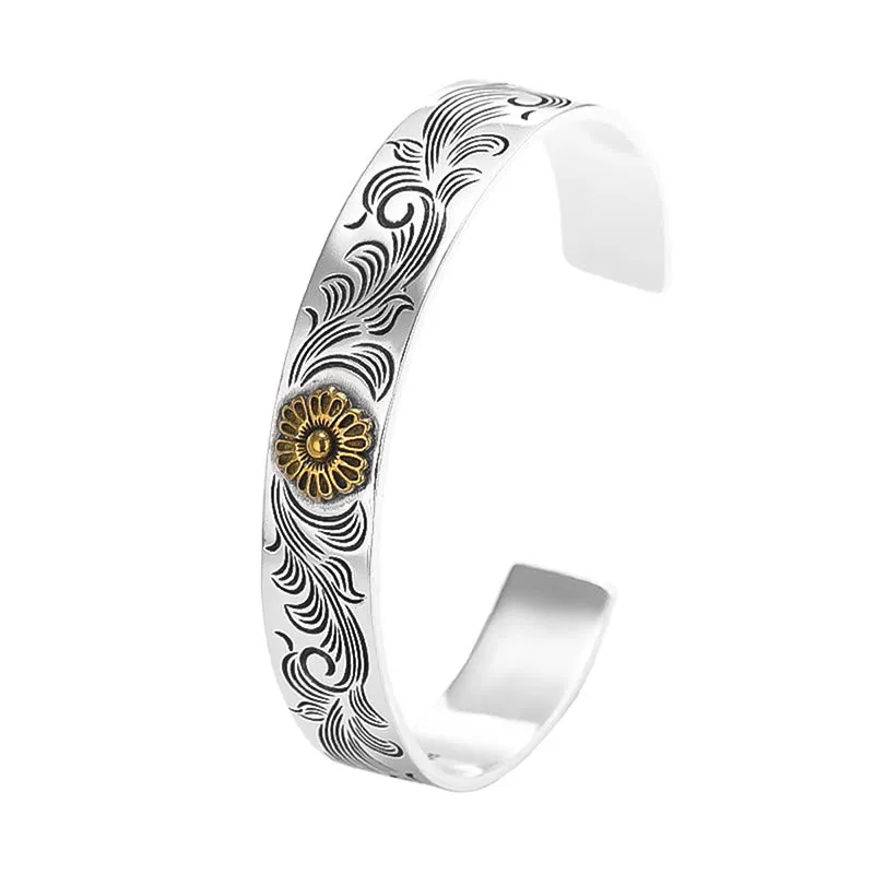 Tang Dynasty Inspired Luck Muse Floral Copper Bracelet with Feather Carving for Luck - Image 4
