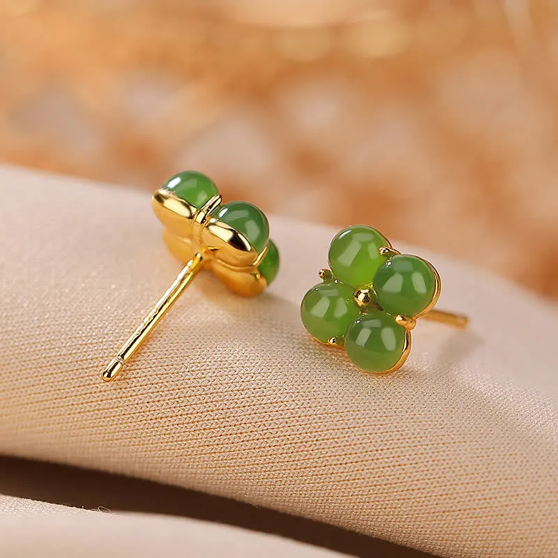 Luck Muse Gold-Plated 925 Sterling Silver Cyan Jade Clover Stud Earrings for Good Luck - Image 3