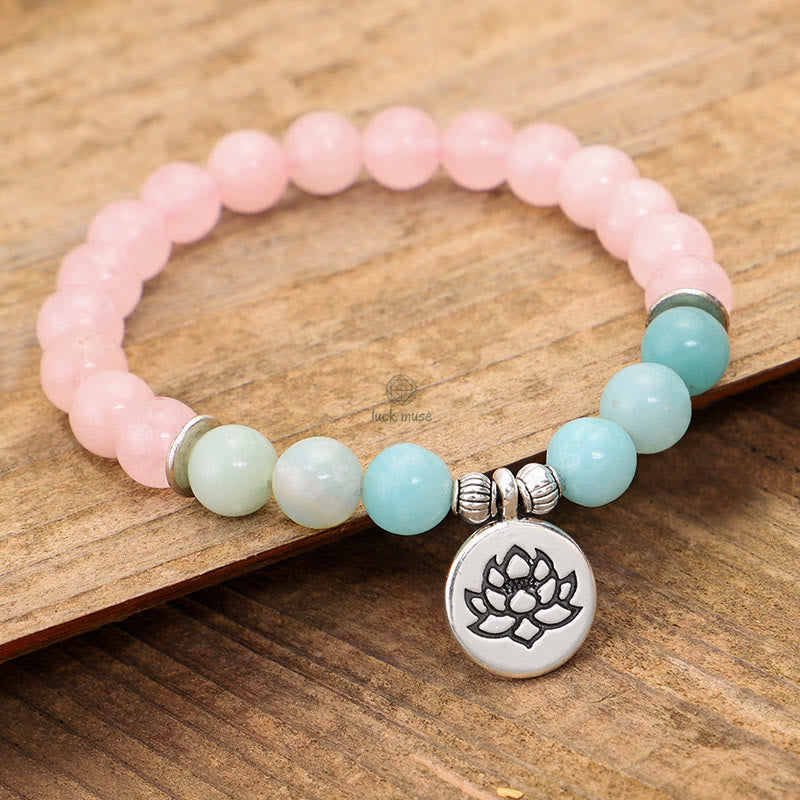 Natural Pink Crystal Amazonite Buddha Bracelet with Lotus and OM Symbol