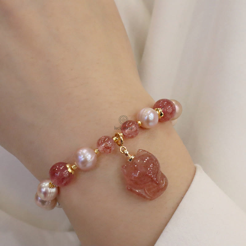 Natural Pearl Strawberry Quartz Love Healing Bracelet with Cute Fox Charm - Image 6