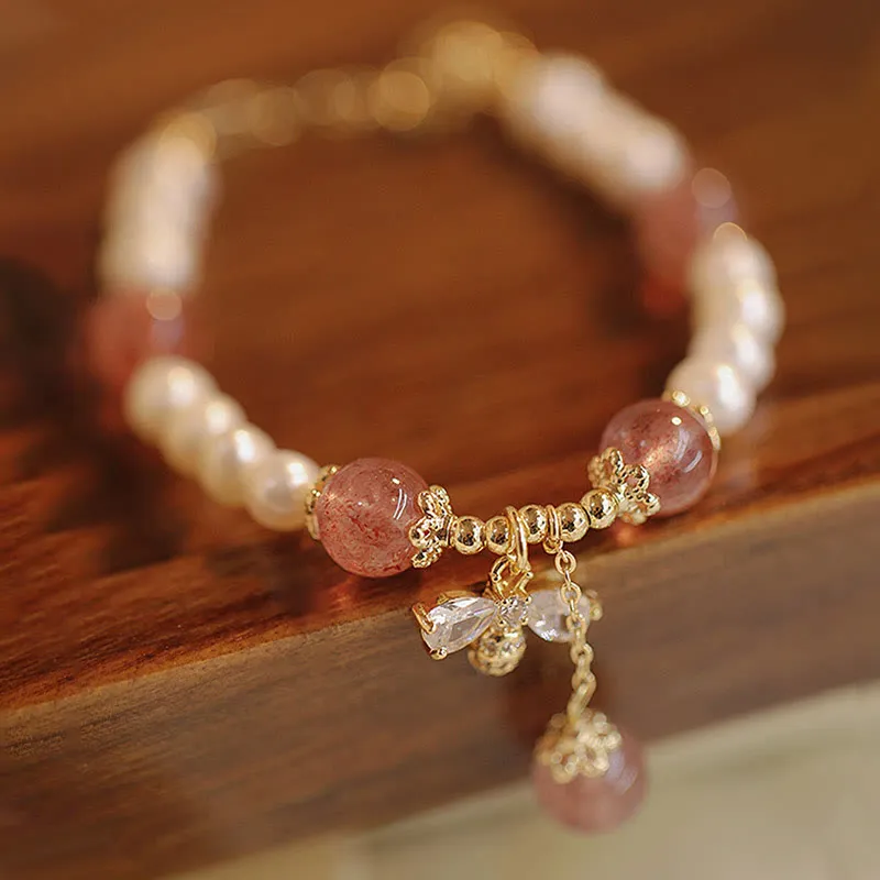 Natural Strawberry Quartz and Pearl Healing Bracelet with Honey Bee Charm - Image 4