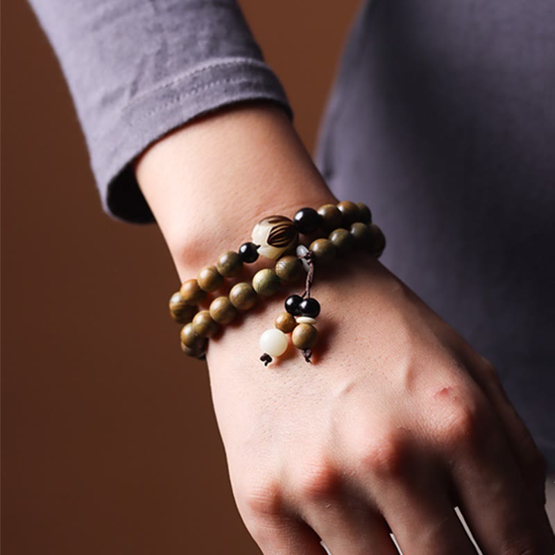 Bodhi Seed and Green Sandalwood Lotus Double Wrap Bracelet - Image 11