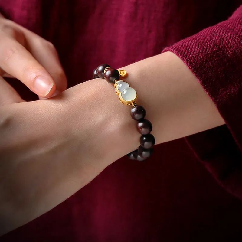 Luck Muse Small Leaf Red Sandalwood Gourd Jade Relaxation Bracelet - Image 10