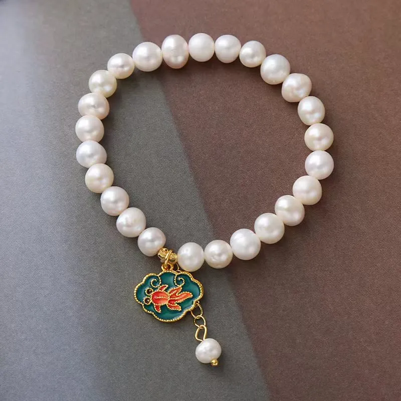 Natural Pearl Lotus Goldfish Optimism Charm Bracelet - Image 4