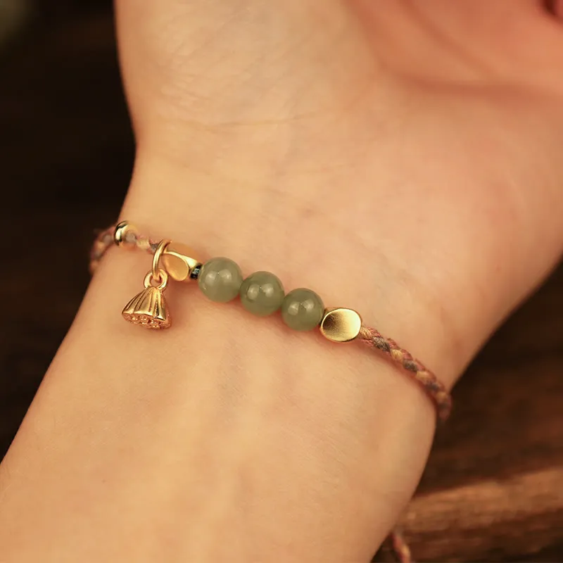 Handcrafted Hetian Jade Lotus Charm Bracelet - Luck Muse Lucky Braided Bracelet - Image 12