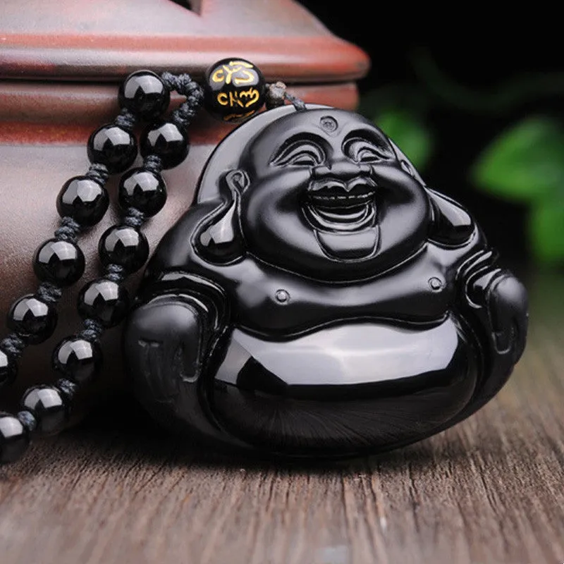 Laughing Buddha Black Obsidian Pendant Necklace - Luck Muse Transformation Collection - Image 2