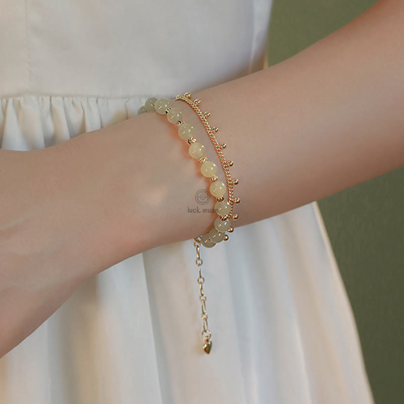 Luck Muse Shop 14K Gold-Plated Double Layer Hetian Jade Bead Bracelet for Luck and Prosperity - Image 6