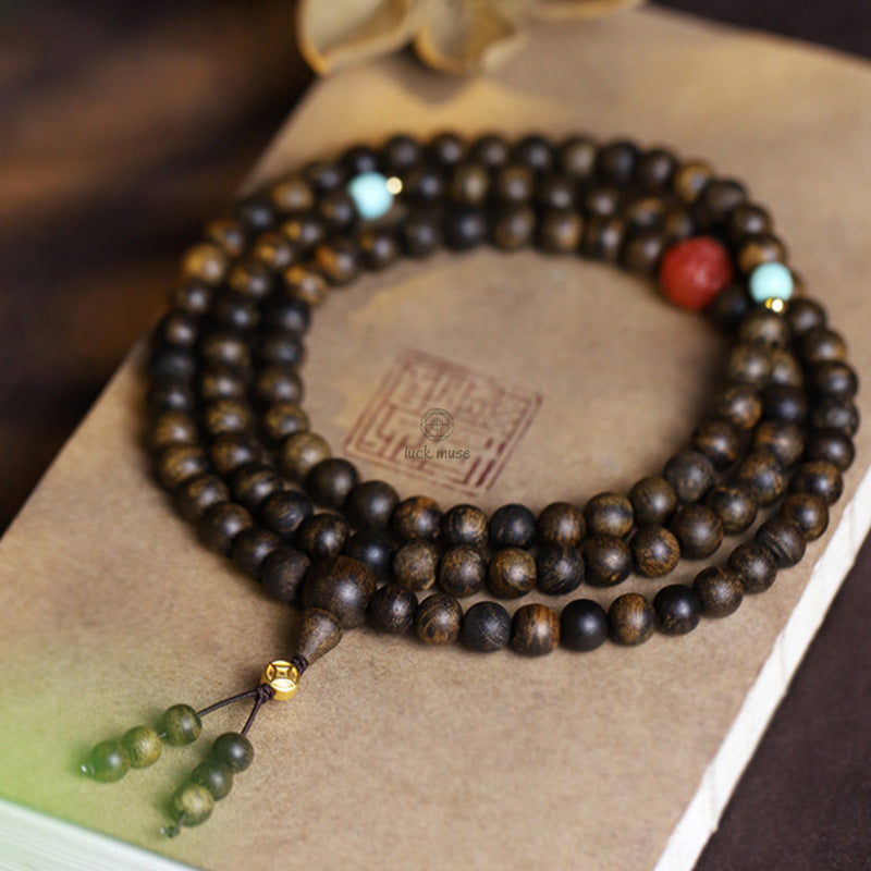 Luck Muse 108 Mala Beads Peace Meditation Bracelet with Agarwood, Red Agate, and Turquoise - Image 7