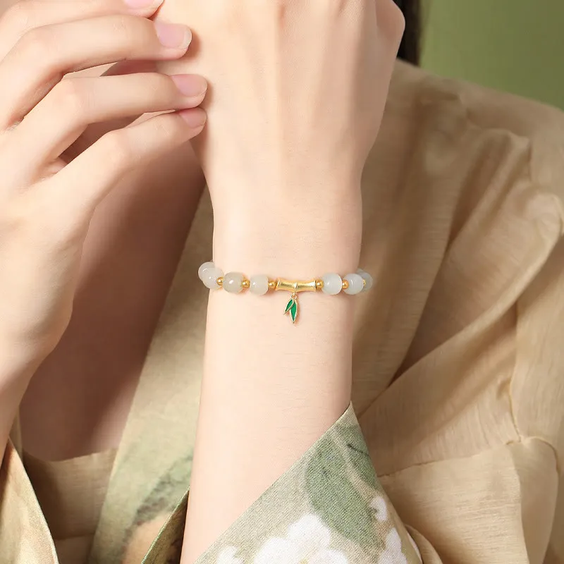 Bamboo Luck Bracelet with Hetian White Jade and 925 Sterling Silver Accents - Image 2
