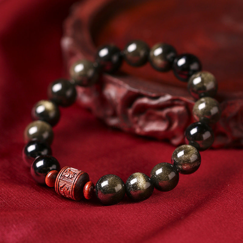 Natural Gold Sheen Obsidian Rainbow Obsidian Om Mani Padme Hum Healing Bracelet - Image 8