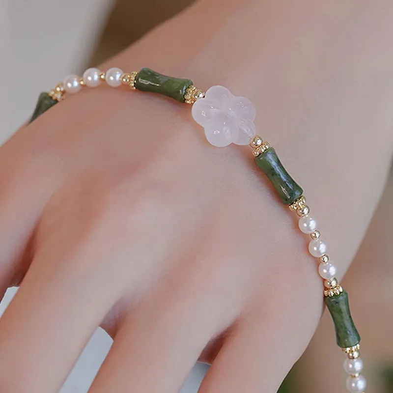 Peridot Agate and Pearl Bracelet with Luck Muse and Bamboo Flower Accents for Peace - Image 3