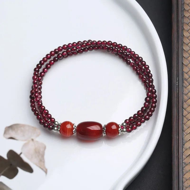 Natural Garnet and Red Agate Triple Layer Bracelet with Luck Muse Protection
