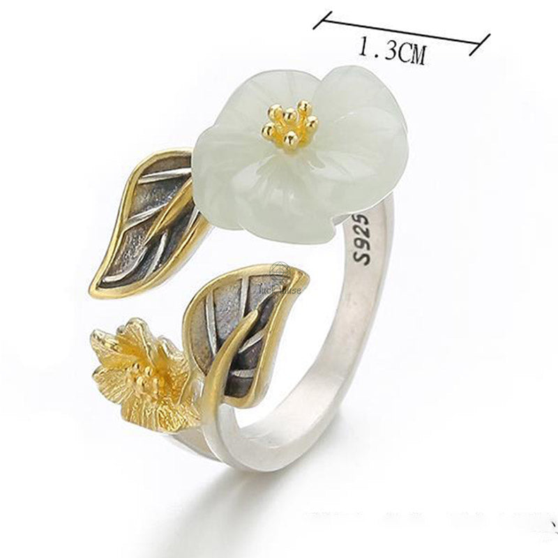 Luck Muse 925 Sterling Silver White Jade Plum Flower Leaf Luck Ring - Image 12