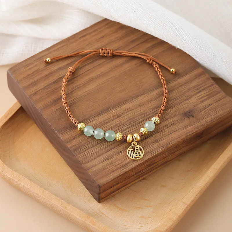 Buddha Jade Beads Blessing Bracelet with Fu Character Rope
