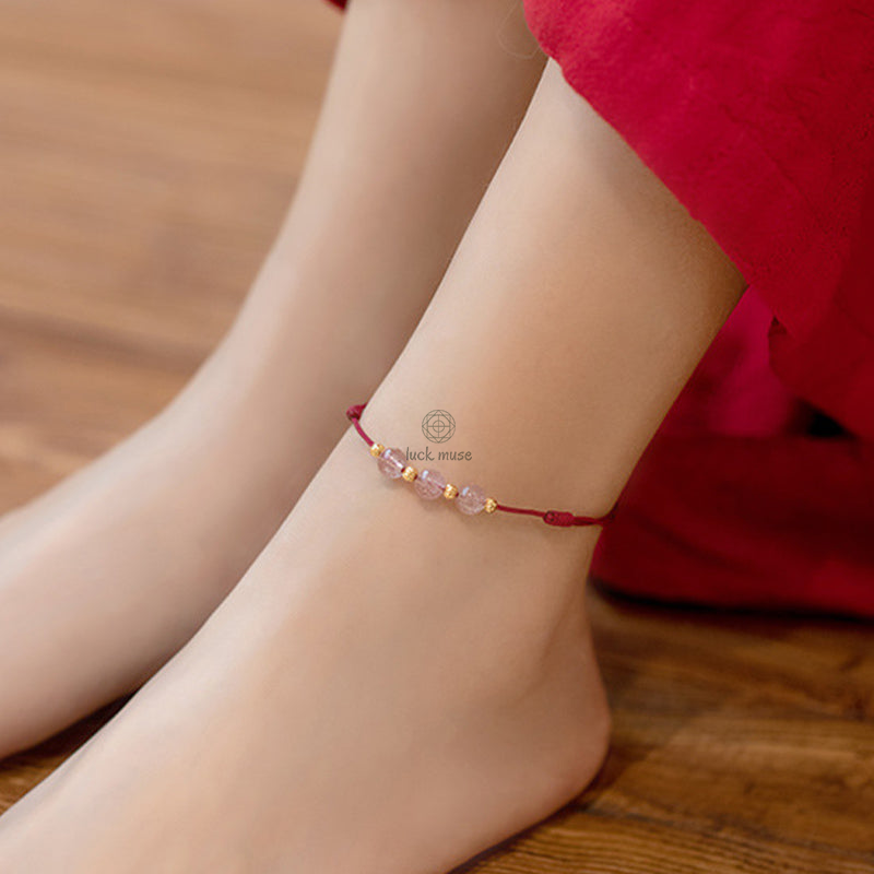 Strawberry Crystal Bead Lucky Red String Anklet with Luck Muse - Image 7