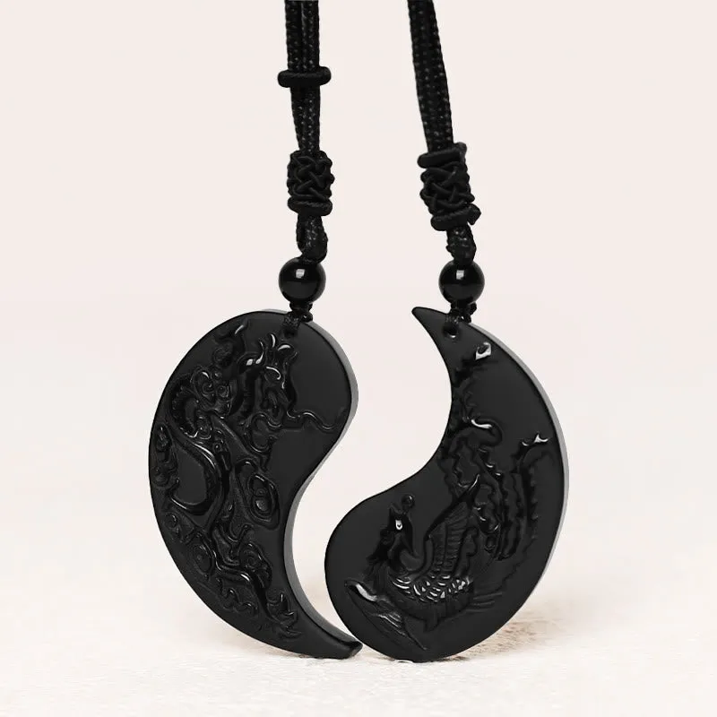 Black Obsidian Yin Yang Dragon Phoenix Lucky Necklace Pendant by Luck Muse Shop - Image 2