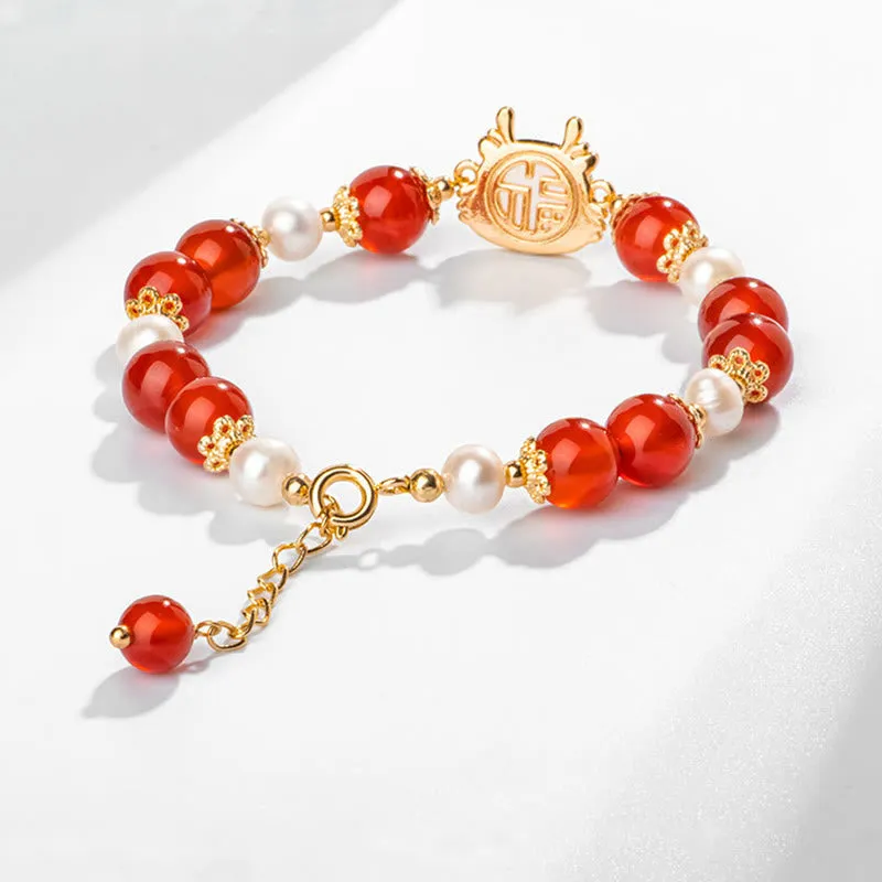 Luck Muse Year of the Dragon 14K Gold-Plated Red Agate Pearl Fu Character Chain Bracelet - Image 5