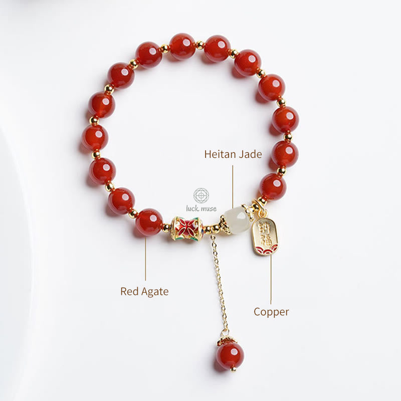 Natural Red Agate and Hetian Jade Fu Character Confidence Bracelet - Image 10
