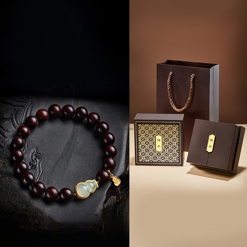 Luck Muse Small Leaf Red Sandalwood Gourd Jade Relaxation Bracelet - Image 9