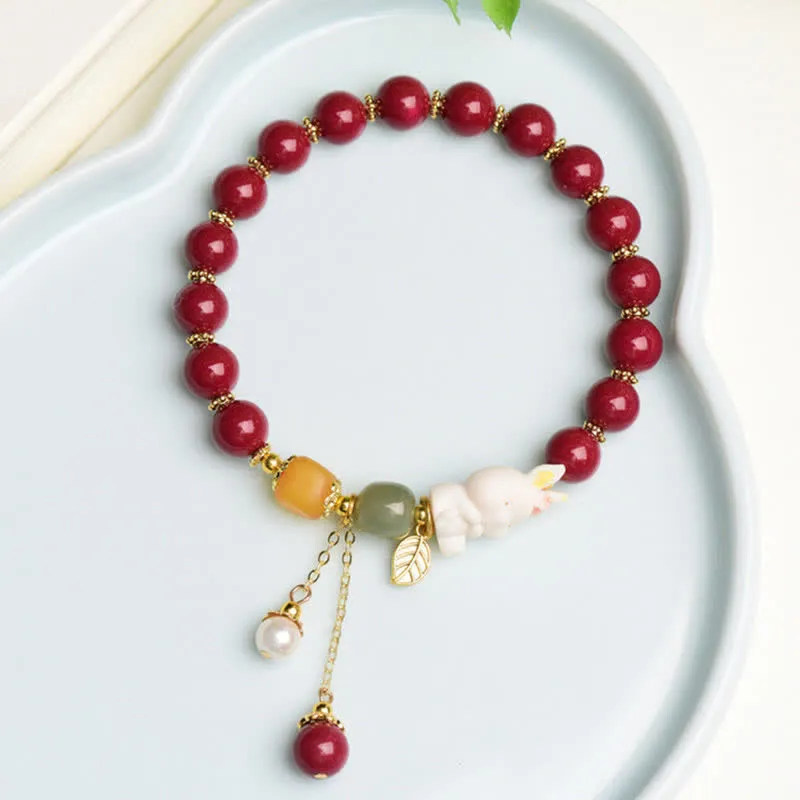 Year of the Rabbit Cinnabar Hetian Jade Bunny Beaded Bracelet with Blessings - Image 9