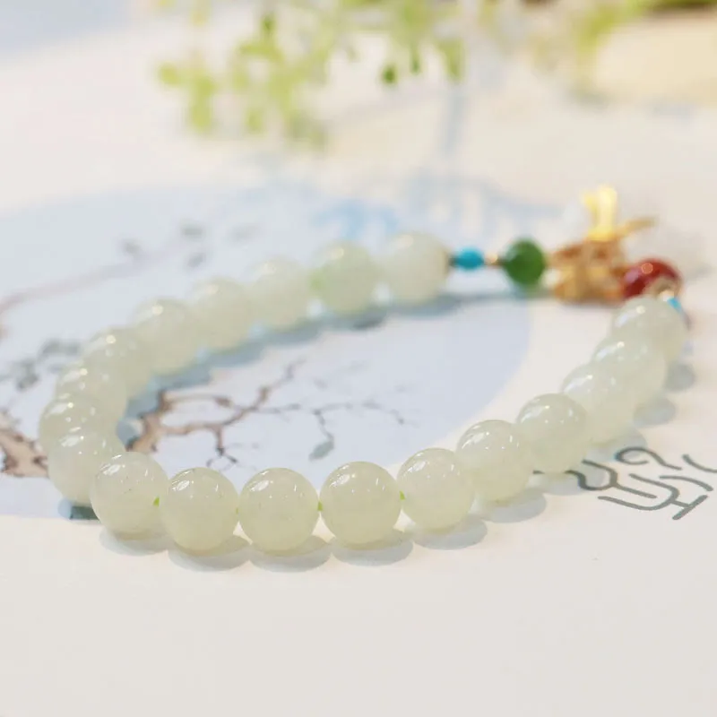 Luck Muse Hetian White Jade Bracelet with 14K Gold Plated Money Bag Blessing - Image 3