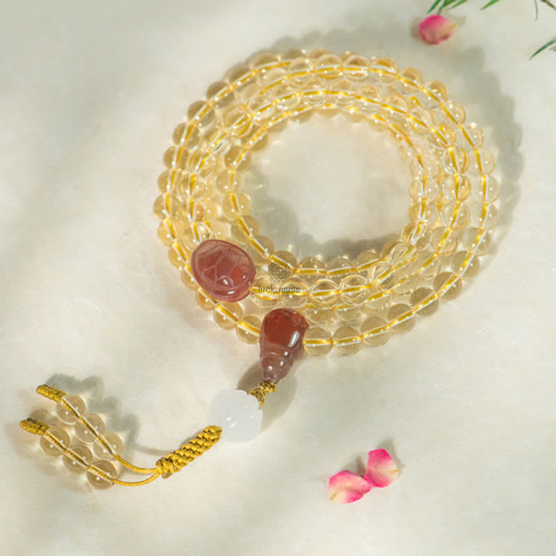Luck Muse 108 Mala Beads Bracelet with 925 Sterling Silver, Natural Citrine, Red Agate, and White Jade Prosperity Charm - Image 6