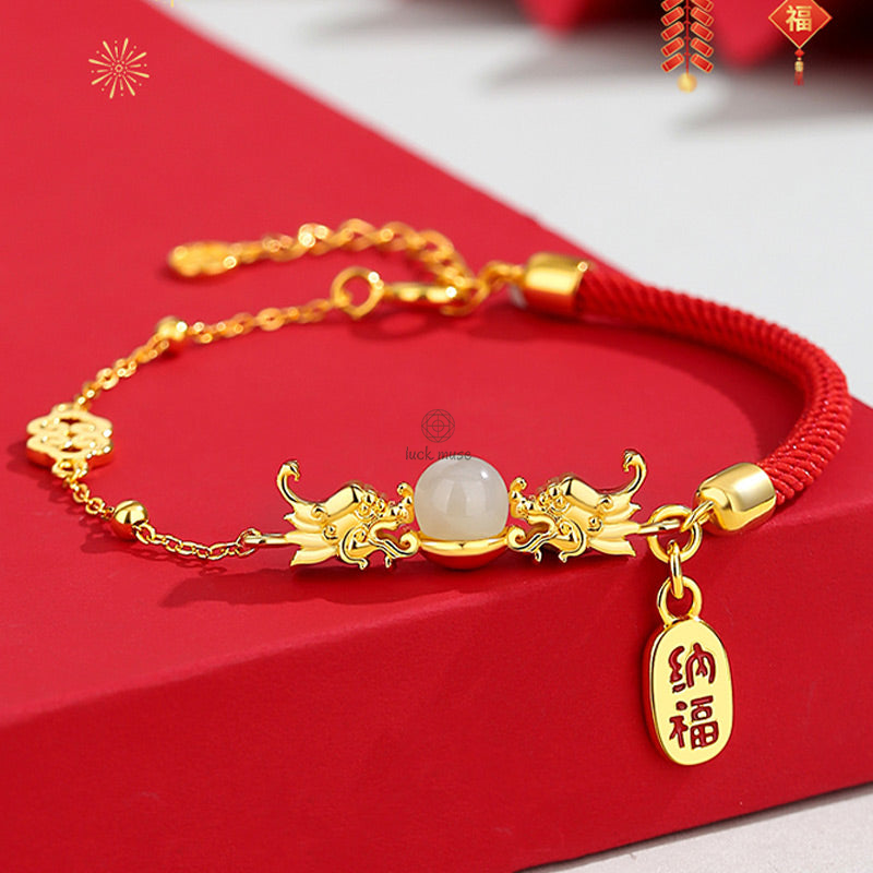 Luck Muse Year of the Dragon 925 Sterling Silver Hetian Jade Luck Bracelet with Fu Character