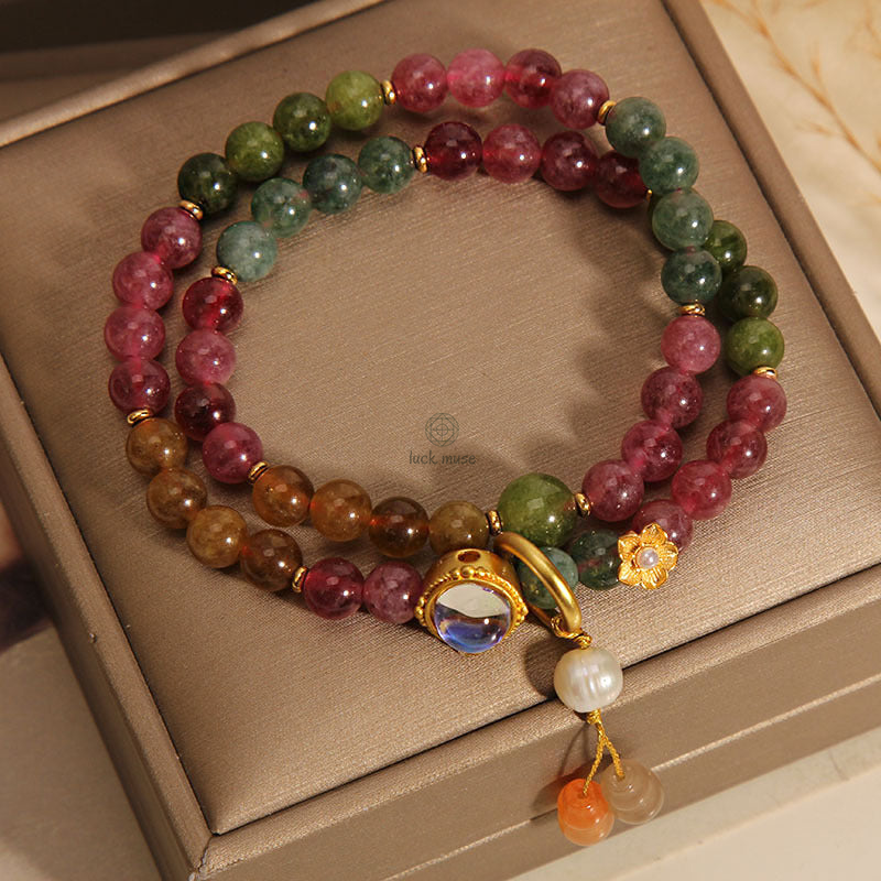 Positive Energy Multicolored Tourmaline Luck Muse Double Wrap Gourd Charm Bracelet - Image 6