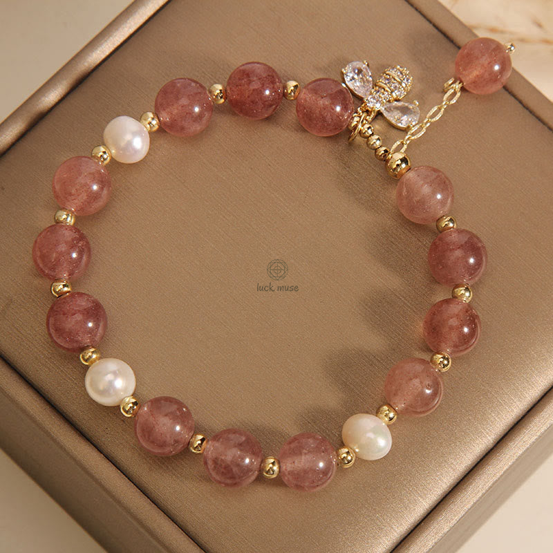 Strawberry Quartz Pearl Zircon Honeybee Charm Bracelet - Image 6