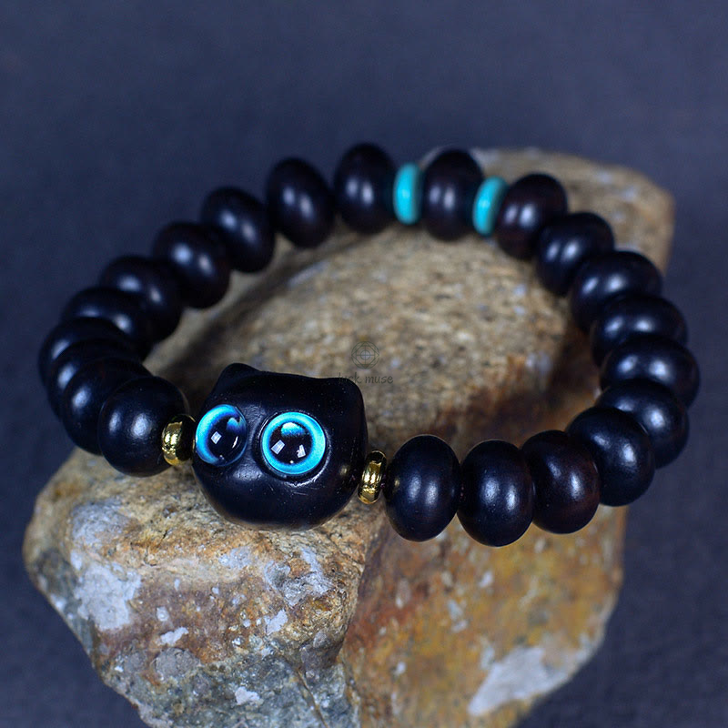 Luck Muse Ebony Wood and Liuli Glass Cat Charm Bracelet - Image 5