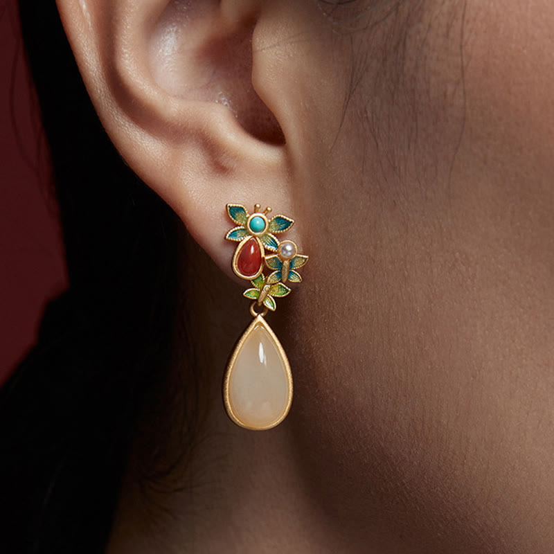 White Jade Red Agate Butterfly Protection Drop Earrings with Luck Muse - Image 8