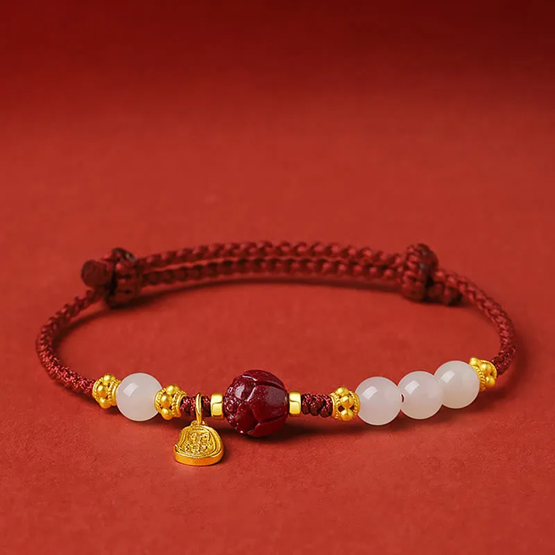 24K Gold Plated Hetian White Jade Cinnabar Lotus Luck Rope Bracelet with Luck Muse