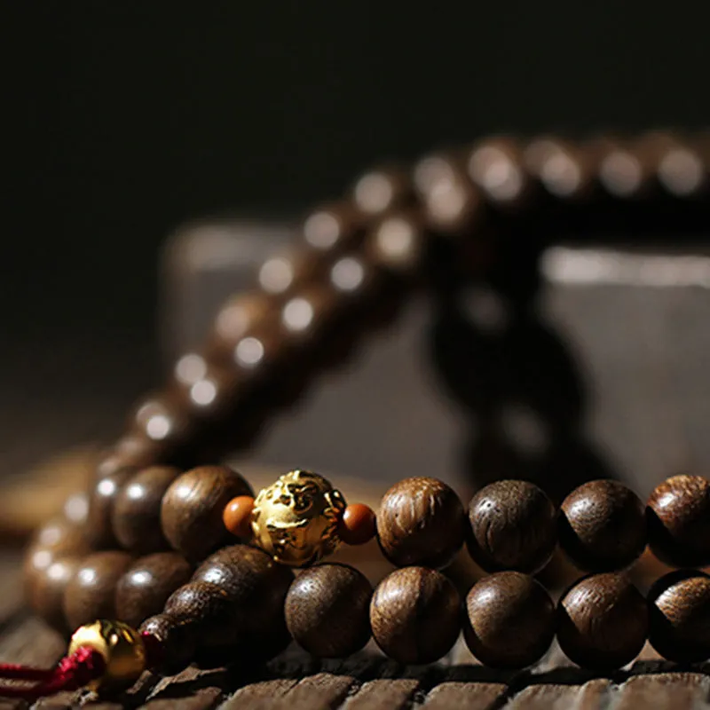 Luck Muse 999 Gold 108 Mala Beads Agarwood Cyan Jade Six Words Strength Bracelet - Image 13