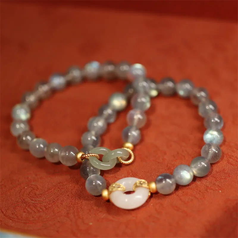Natural Moonstone and Heitan Jade Peace Healing Bracelet - Image 8