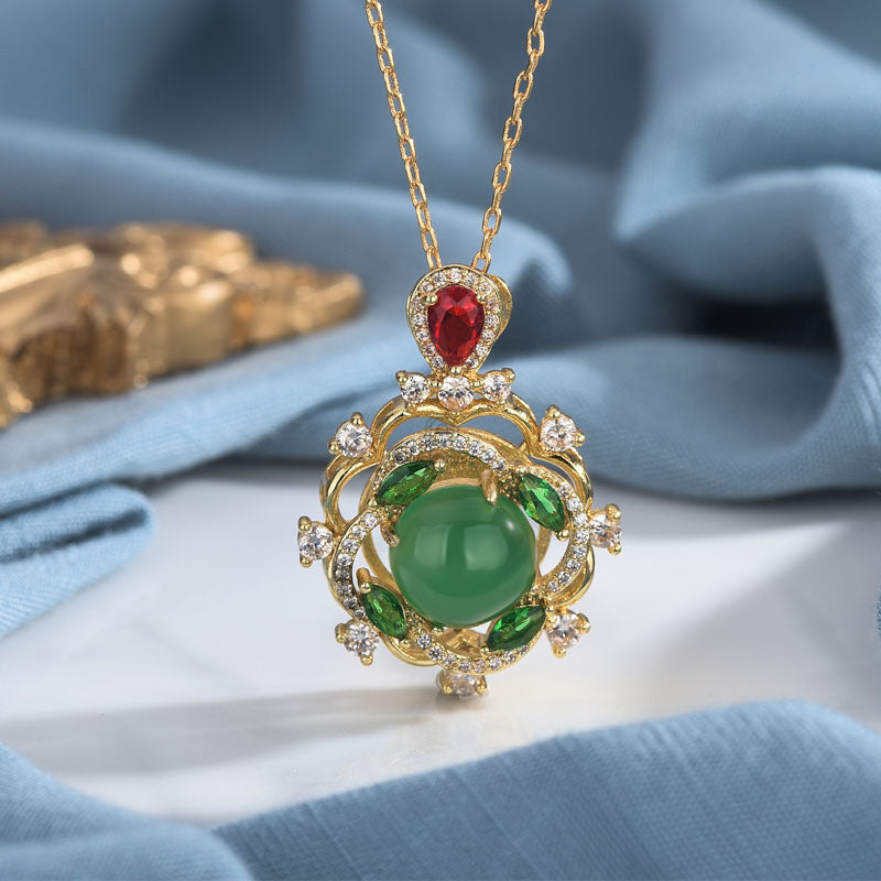 Cyan Jade and Red Crystal Luck Necklace by Luck Muse Shop - Image 2